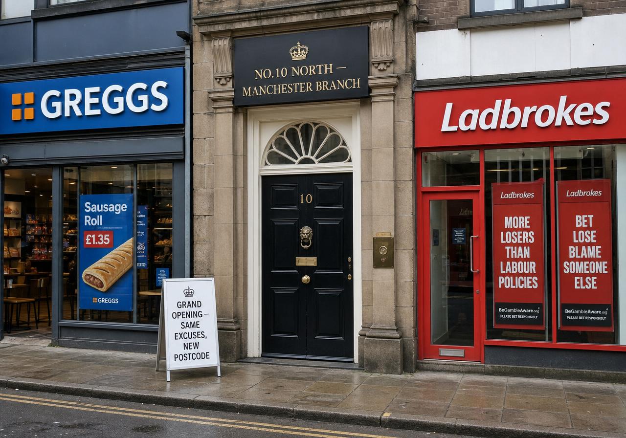 A high street with a Greggs on the left, the No.10 North Manchester Branch entrance in the centre with a sandwich board reading 'Grand Opening — Same Excuses, New Postcode', and a Ladbrokes betting shop on the right.